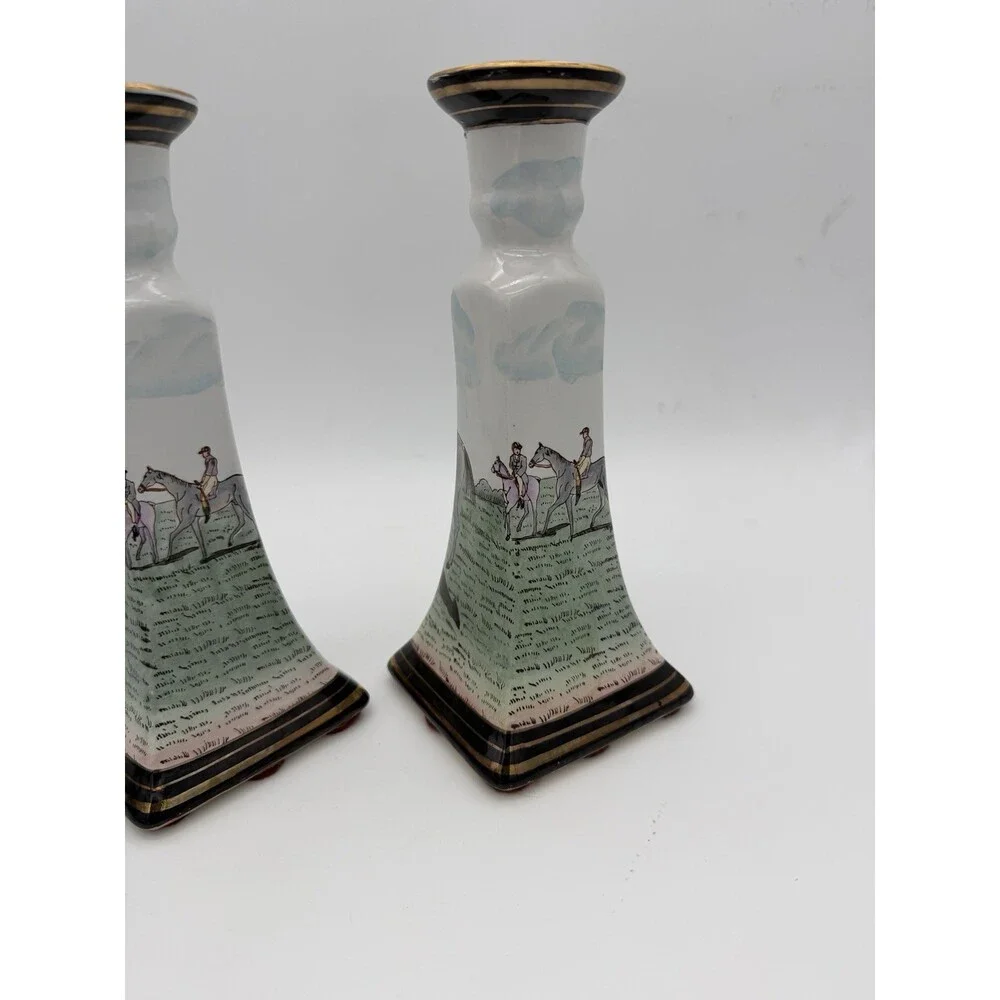 Vintage Chinese Equestrian Hand-Painted Porcelain Candle Holder by Nieman Marcus
